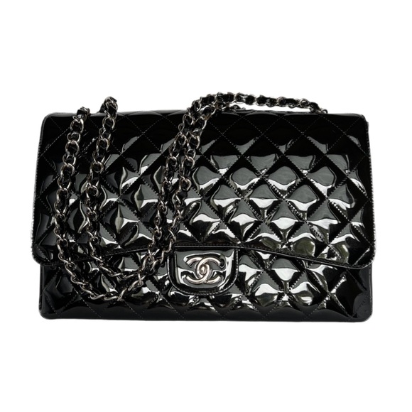 CHANEL Classic Maxi Single Flap Patent Leather • BLACK • Silver-Tone Hardware - Picture 3 of 16
